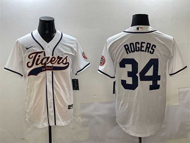 Mens Detroit Tigers #34 Jake Rogers White With Patch Cool Base Stitched Jersey